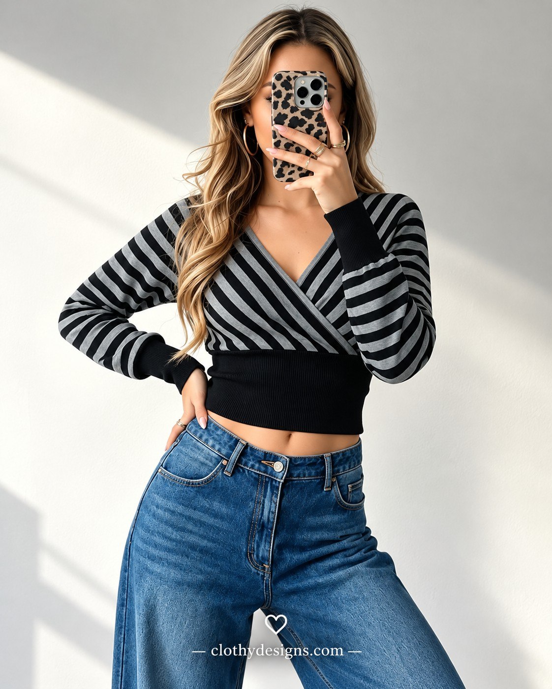 Women's Striped V-Neck Cropped Top – Waist-Cinching Long Sleeve Slim-Fit Casual Shirt